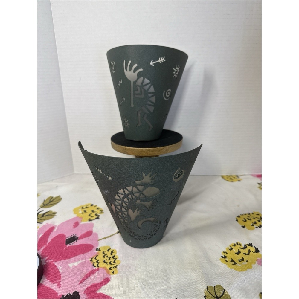 2 Party Lite Kokopelli Candle Sconces-Gecko Green Metal Wall Sconces